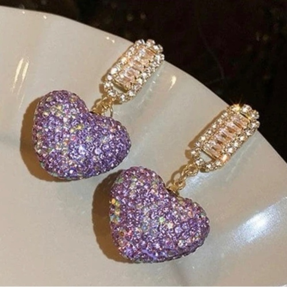 Purple Heart Rhinestone Drop Earrings - Picture 5 of 12